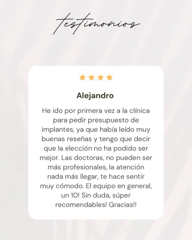 ¡Muchas gracias por compartir vuestras experiencias! 

Nos llena de alegría saber que confiáis en nosotras para cuidar de vuestras sonrisas.

¡Es un placer poder ayudarte Alejandro!

#testimonios #happypatients #happydoctors #pasion #cercania #profesionalidad #atencionpersonalizada #barcelona #clinicadentalbarcelona #vallesvallesclinicadental